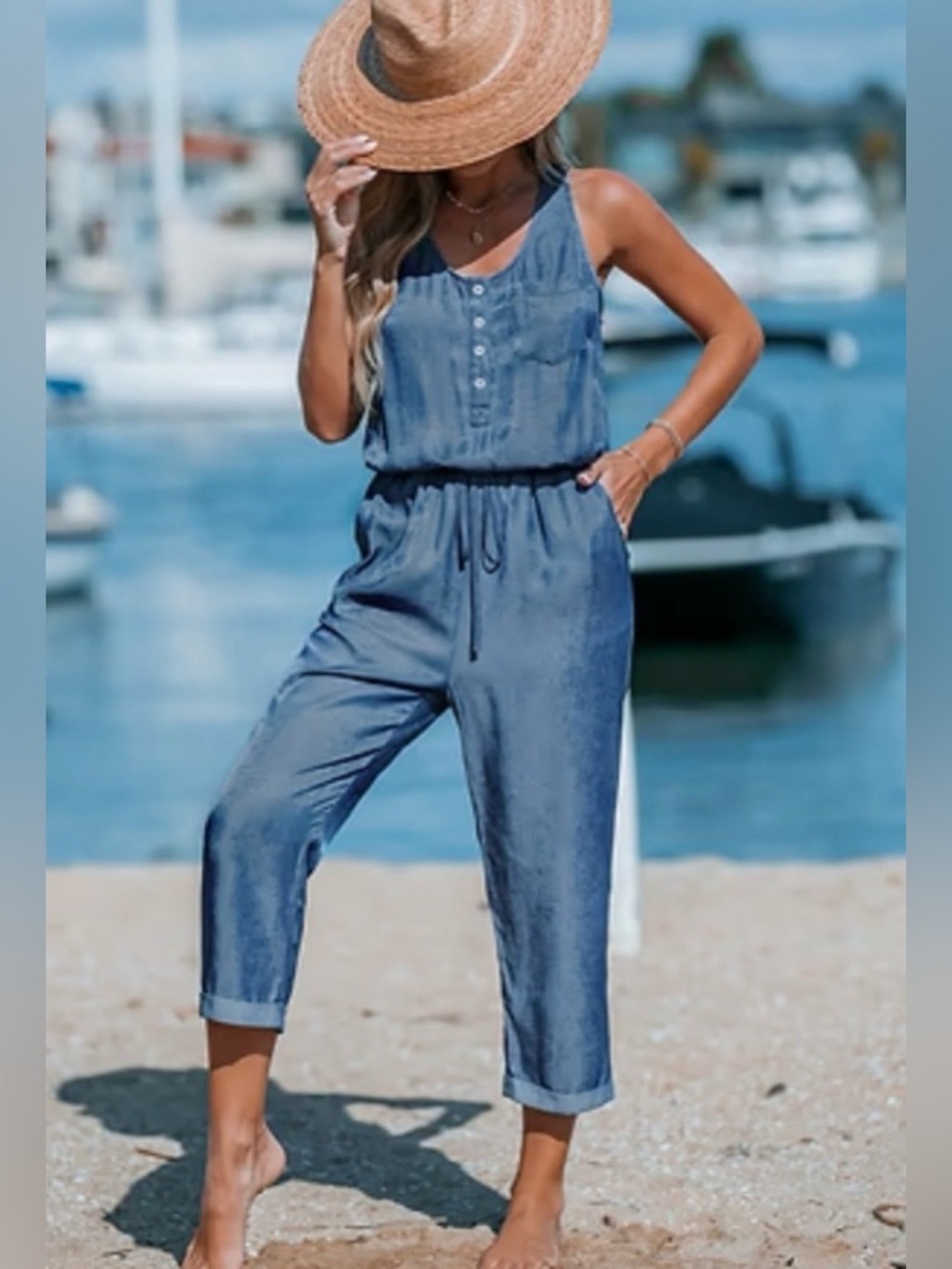 Cupshe/NWOT Blue Denim-Look Sleeveless Jumpsuit Sz 8